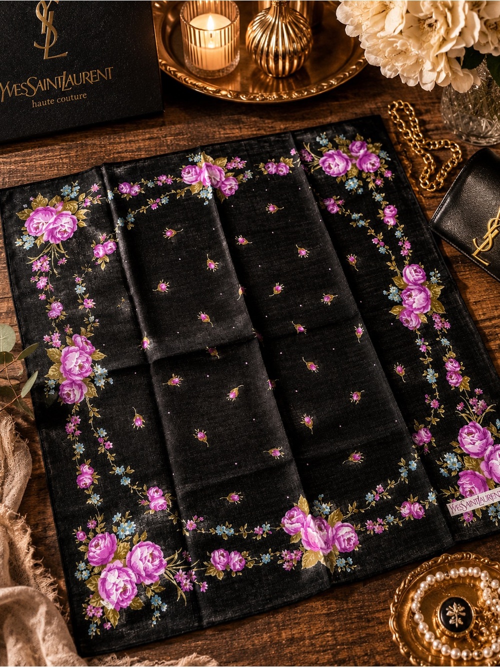 Yves Saint Laurent Floral Cotton Scarf | Black Pink Rose Print | 15.5” Square